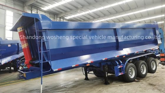 Q345B / T700 Acero viga principal 3 ejes azul hidráulico trasero semi remolque para Wosheng