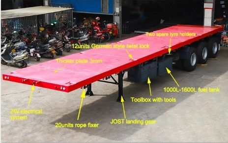 Suspensión mecánica roja 3 Eje 4 Eje 20FT 40FT 45FT Contenedor Semi remolque de cama plana